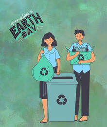 Illustration of two people standing beside a large recycling bin holding recyclable items and smiling. A colorful title reads 