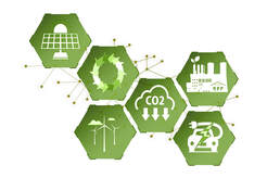 Illustration in white and green of sustainable technologies, such as solar panels and electric cars, with a symbol indicating a decline in CO2 emissions.