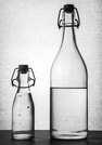 Black and white photograph of two differently sized reusable glass bottles of water. 