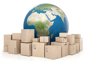 A bunch of brown cardboard boxes stacked around a globe.
