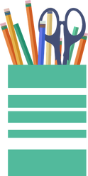 Illustration of pencils and scissors in a colorful pen holder. 