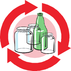 Illustration of various empty glass bottles surrounding by a circular arrow indicating that the items should be reused. 