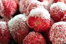 Close-up photograph of frozen strawberries covered in frost. 
